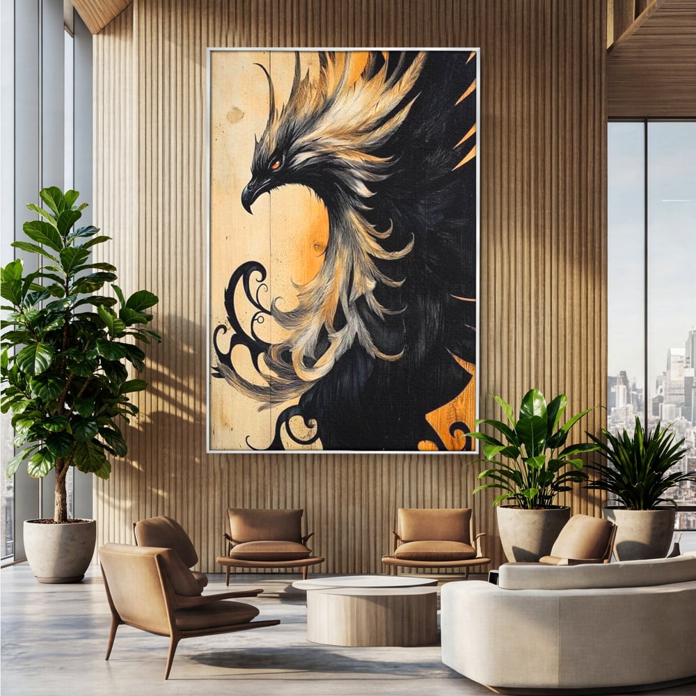 Tablou canvas cu tablou canvas cu pasare mitologica phoenix, in rama de aluminiu argintiu, pe perete intr-un birou